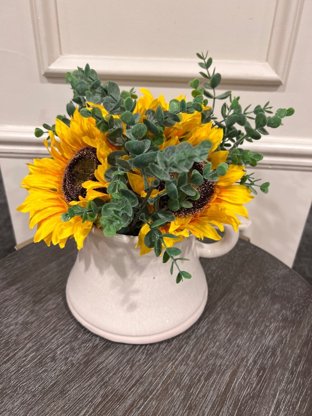 Large ceramic decorative pitcher w/4 silk sunflowers & "Silver Dollar" branches